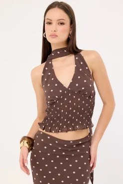 Polka Wish Halter Top Brown