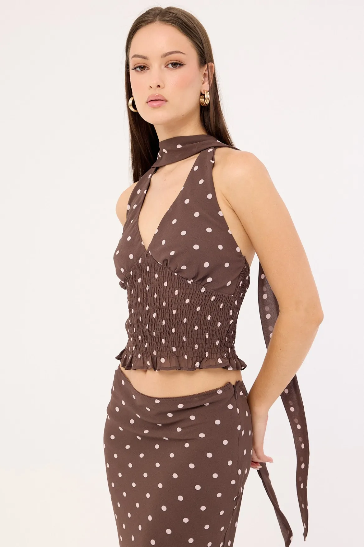 Polka Wish Halter Top Brown