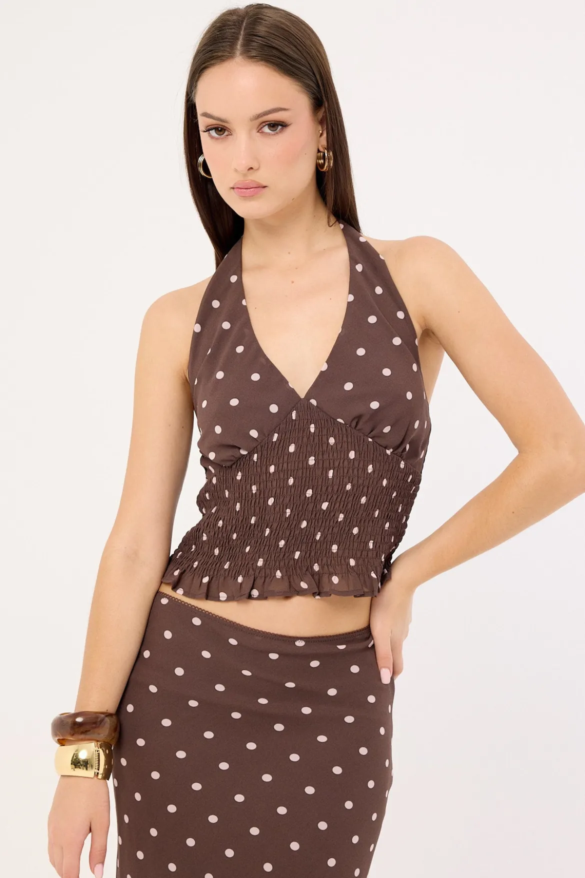 Polka Wish Halter Top Brown