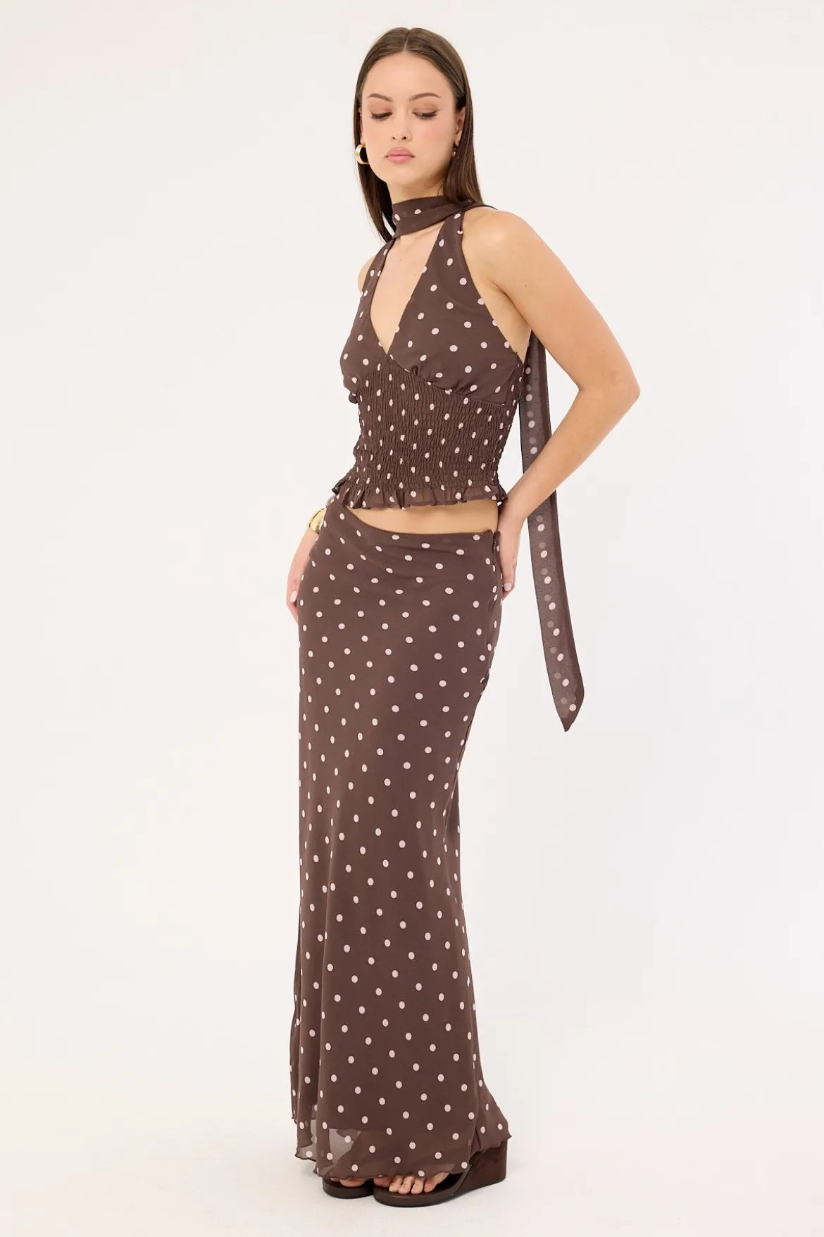Polka Wish Maxi Skirt Brown