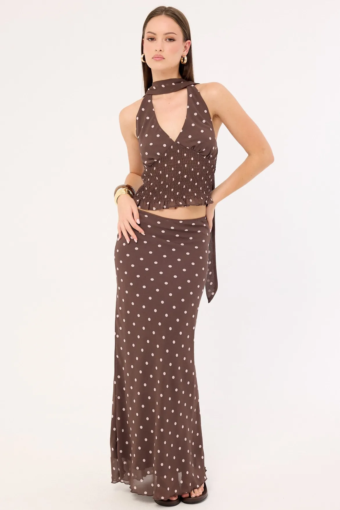 Polka Wish Maxi Skirt Brown