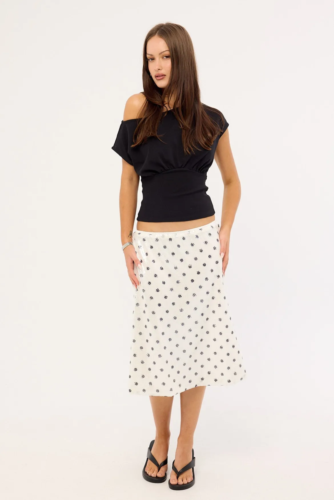 Posey Sequin Polka Midi Skirt White Polka