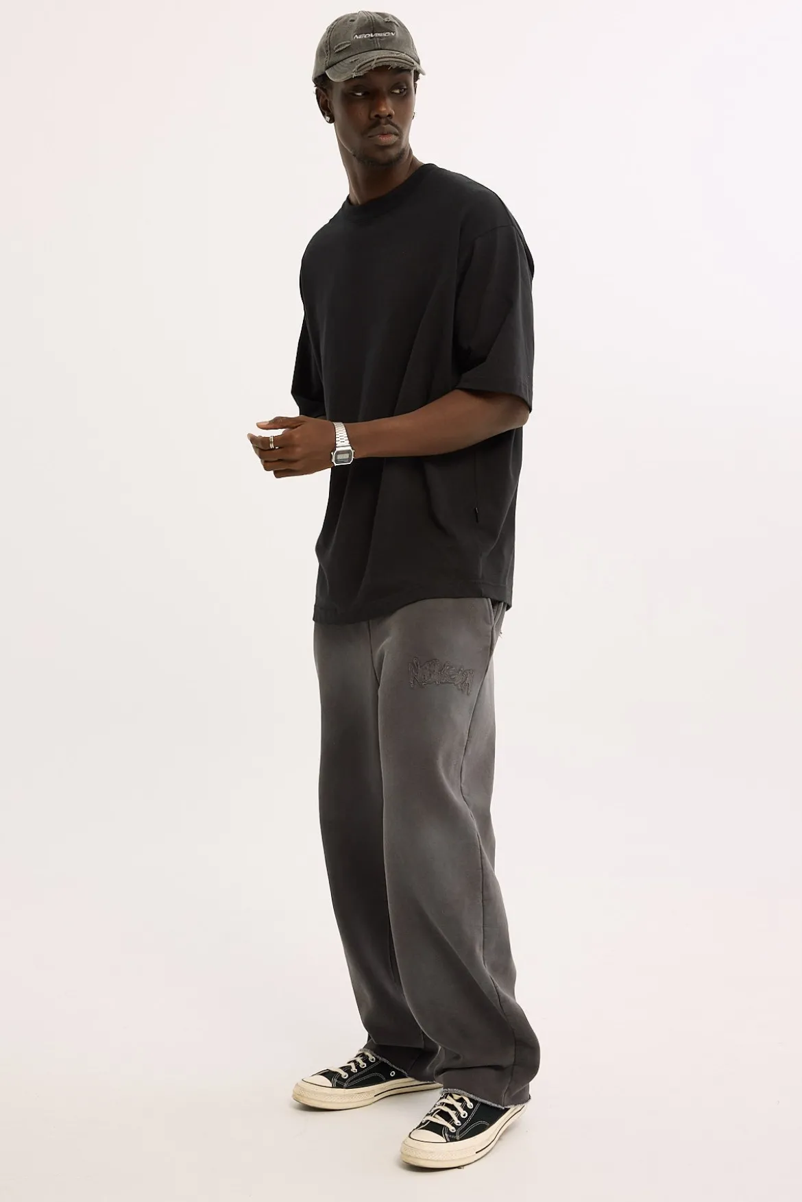 Radical Distressed Logo Baggy Sweatpant Washed Black