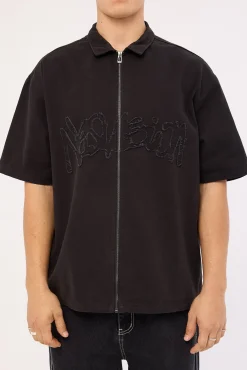 Radical Distressed Zip Through Shirt Washed Black