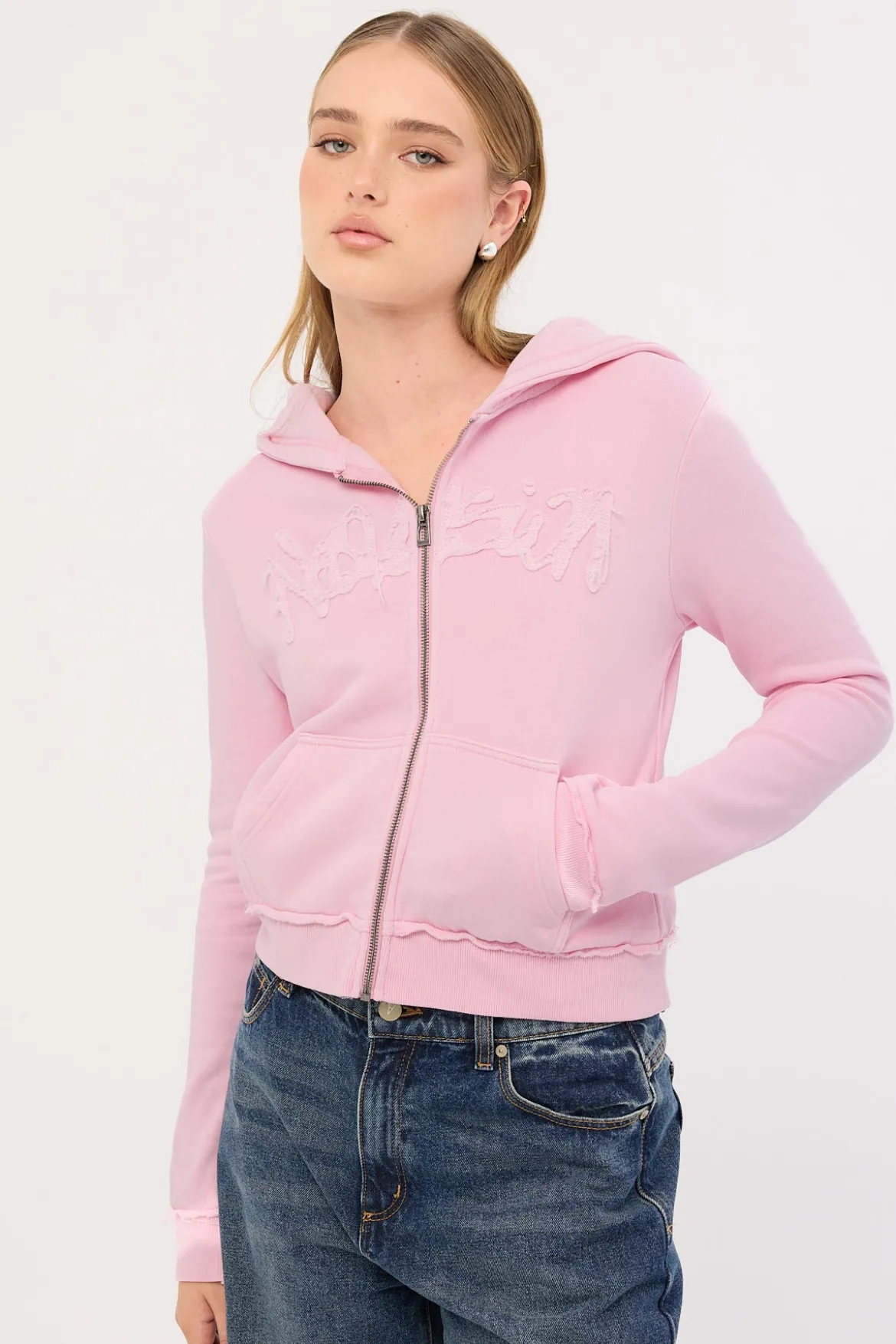 Radical Fitted Zip Through Hoodie Washed Pink