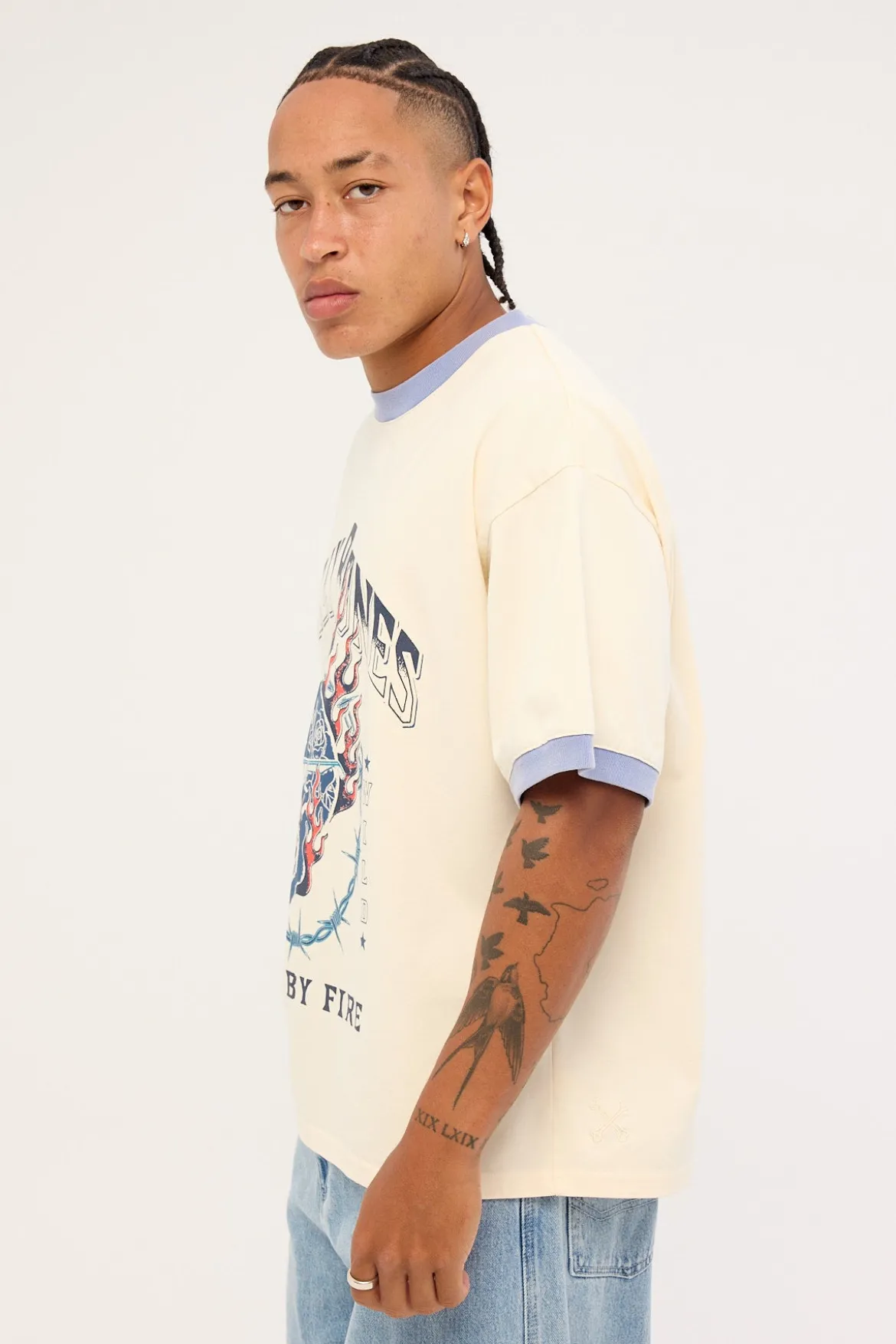 Raised by Fire Ringer Tee Vintage White/Blue