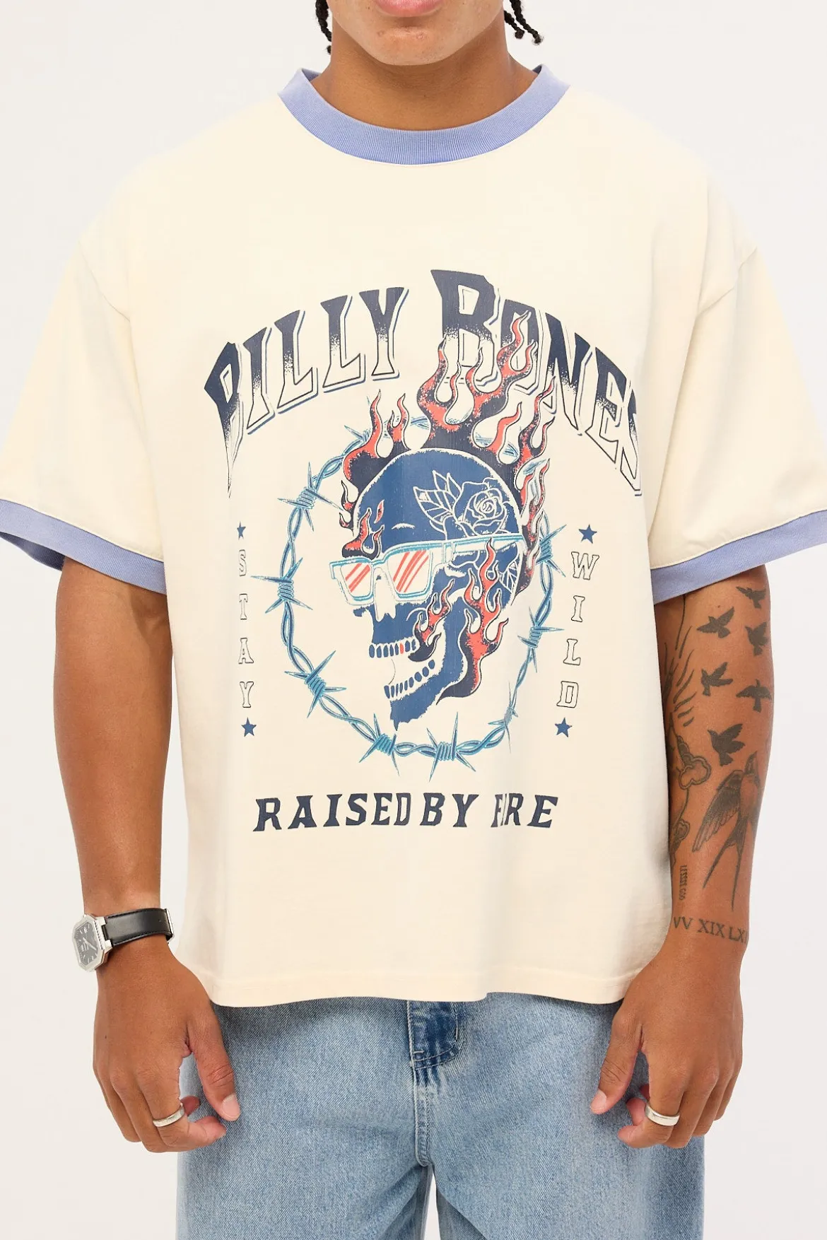 Raised by Fire Ringer Tee Vintage White/Blue