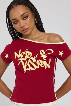 Rakugaki Off Shoulder Top Red