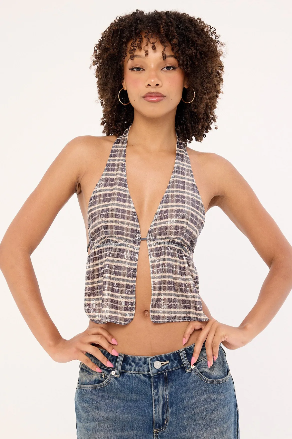 Ramilo Top Sequin Vintage Check Brown