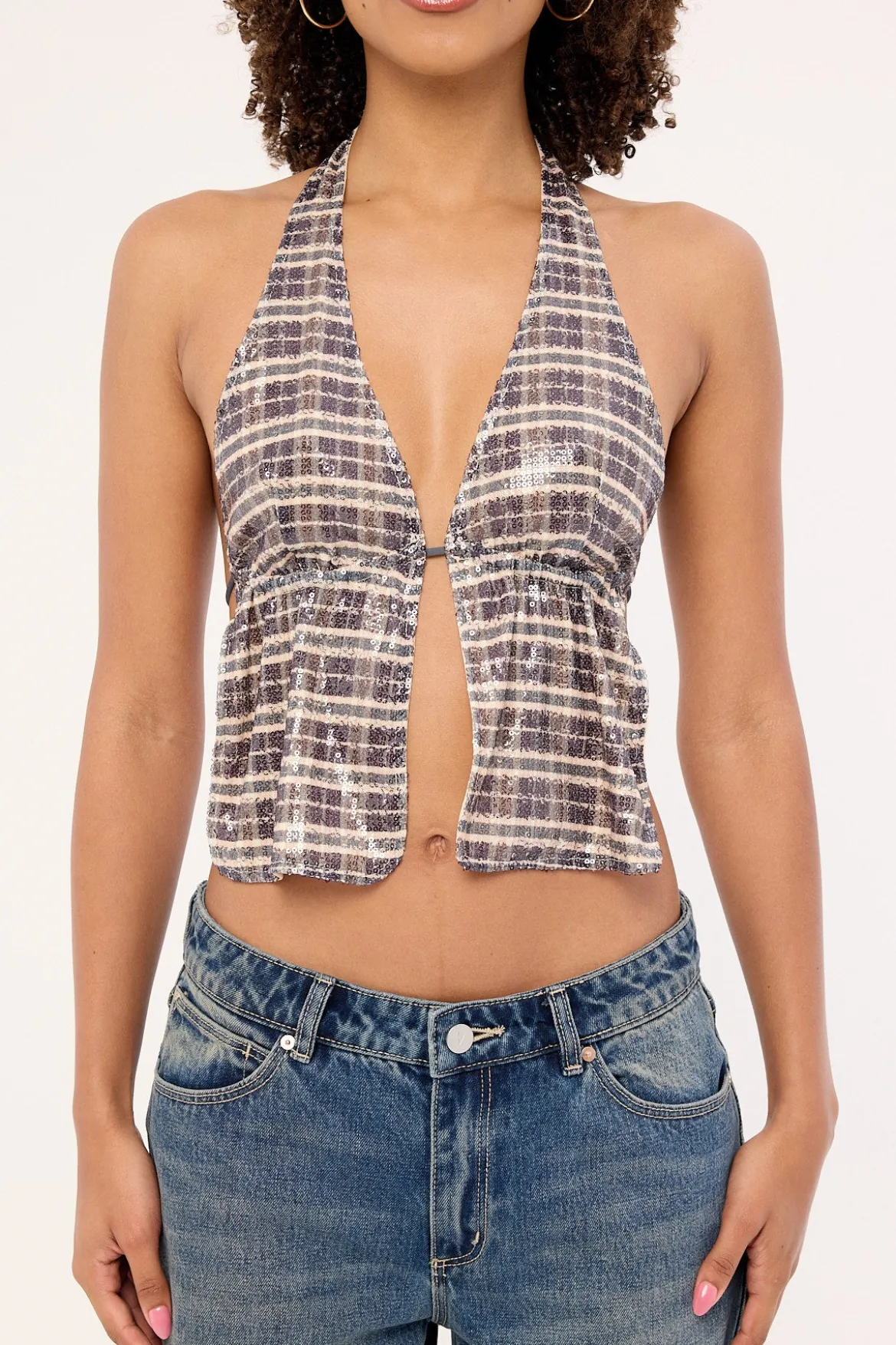 Ramilo Top Sequin Vintage Check Brown