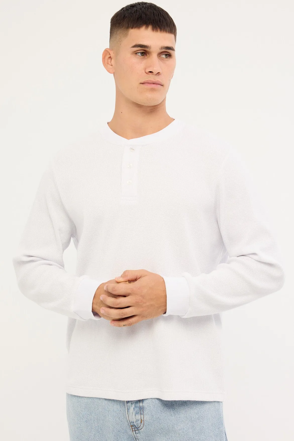 Raymond Waffle Long Sleeve Henley Tee White