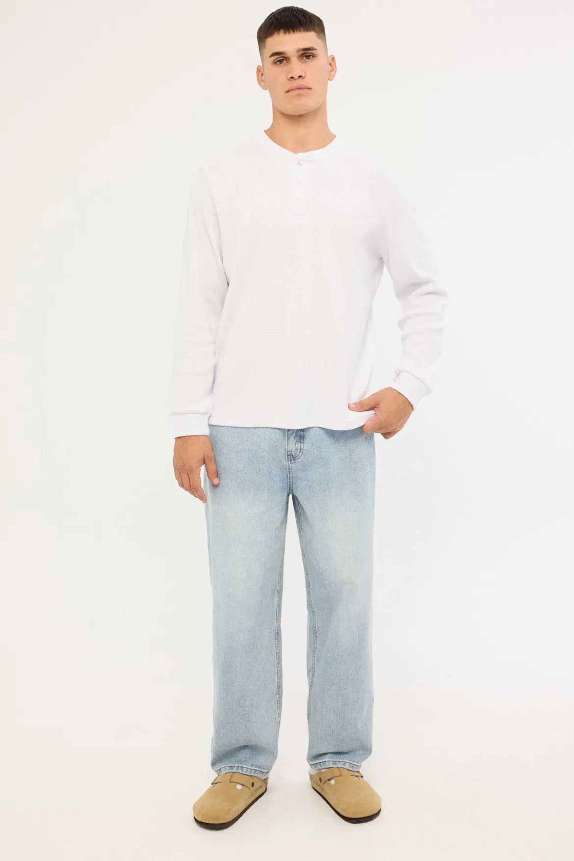 Raymond Waffle Long Sleeve Henley Tee White