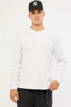 Raymond Waffle Long Sleeve Henley Tee White