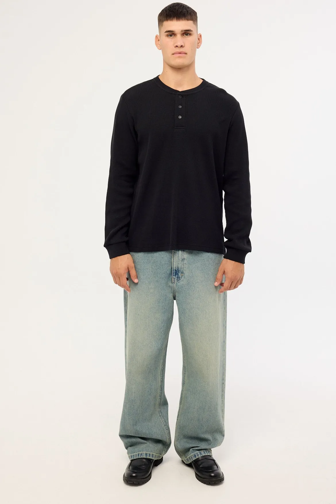 Raymond Waffle Long Sleeve Henley Tee Black