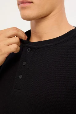 Raymond Waffle Long Sleeve Henley Tee Black