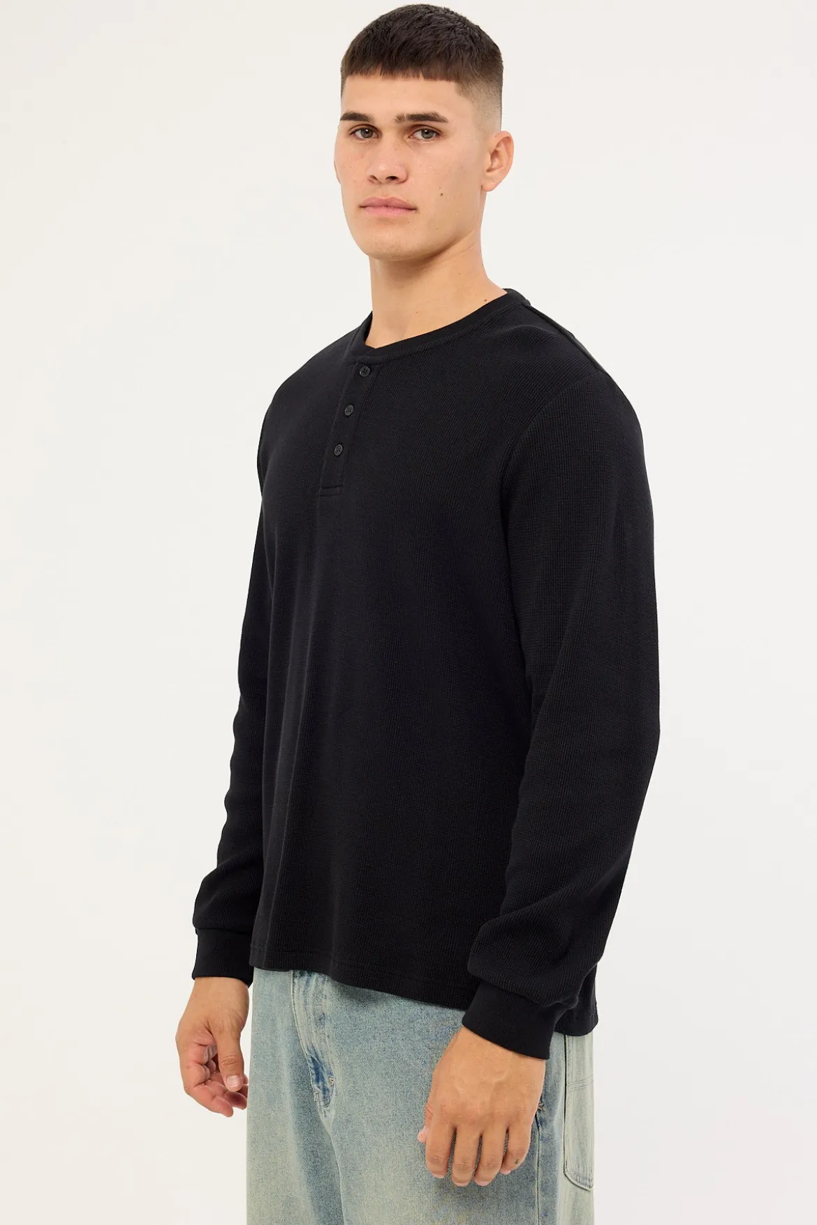 Raymond Waffle Long Sleeve Henley Tee Black