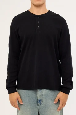Raymond Waffle Long Sleeve Henley Tee Black