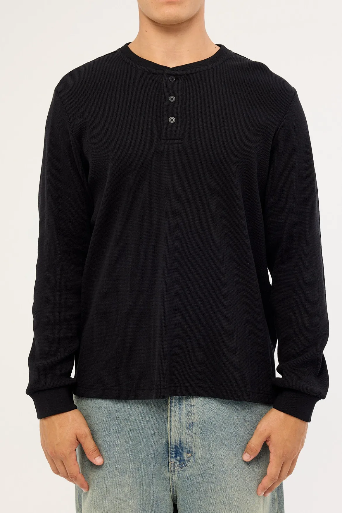 Raymond Waffle Long Sleeve Henley Tee Black