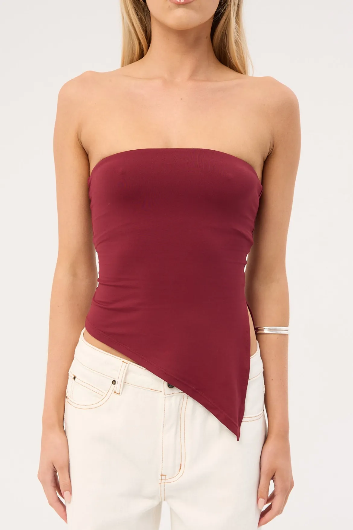 Recycle Strapless Asymmetrical Top Burgundy
