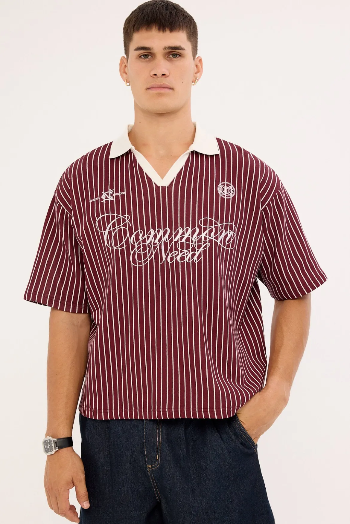 Regent Boxy Cropped Polo Burgundy Stripe