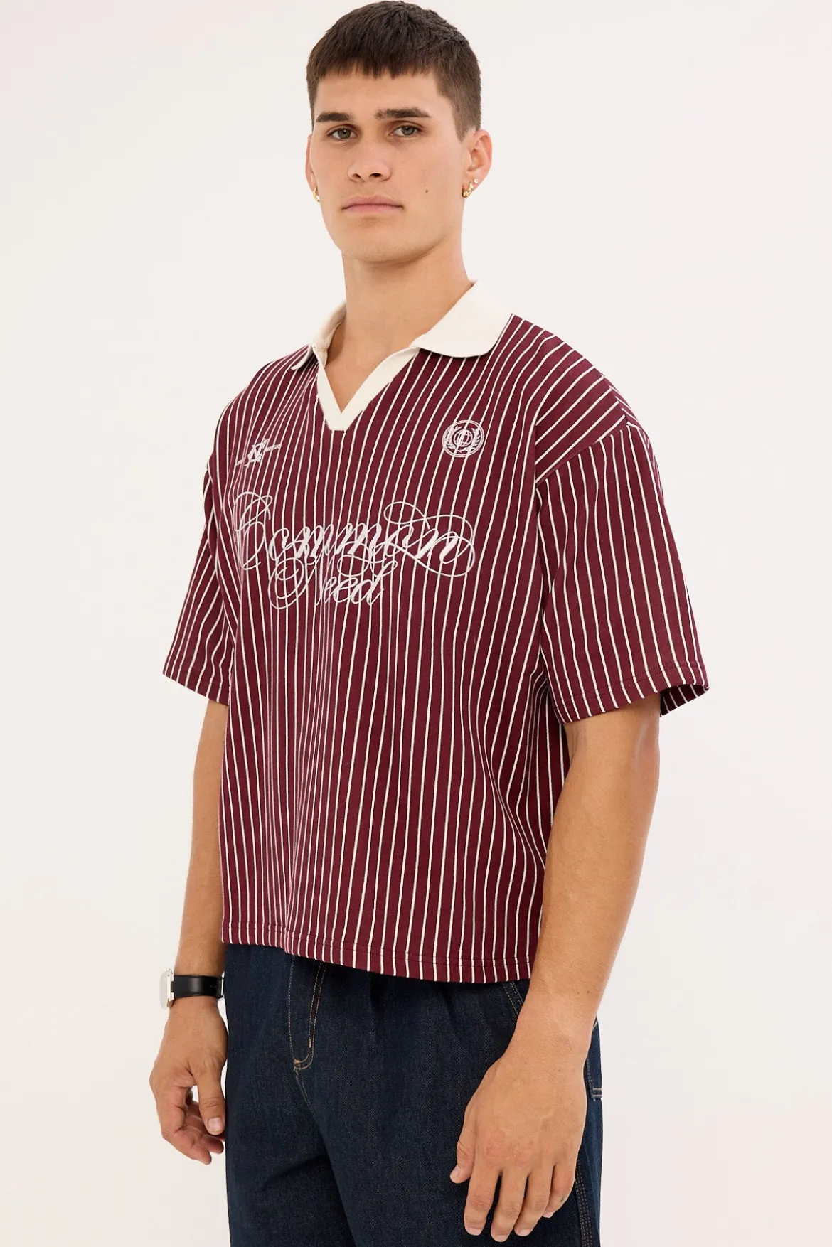 Regent Boxy Cropped Polo Burgundy Stripe