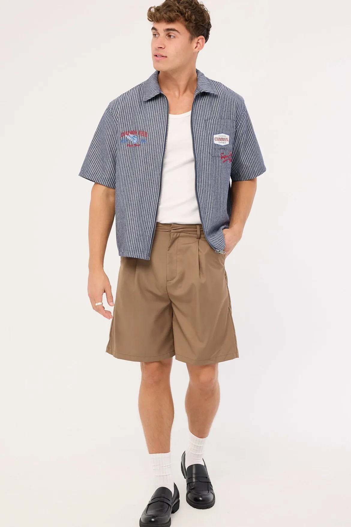RevWorks Zip Through Boxy Cropped Shirt Navy Stripe