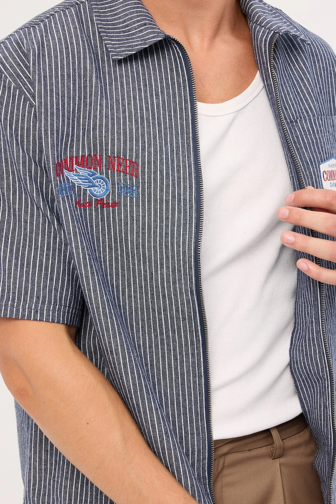 RevWorks Zip Through Boxy Cropped Shirt Navy Stripe