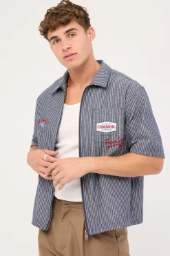 RevWorks Zip Through Boxy Cropped Shirt Navy Stripe