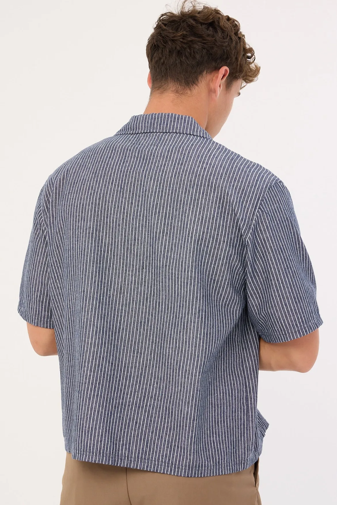 RevWorks Zip Through Boxy Cropped Shirt Navy Stripe