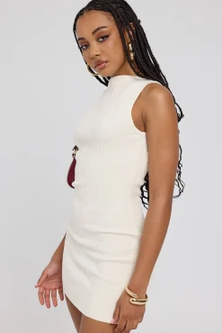 Rib High Neck Open Back Knit Mini Dress Cream