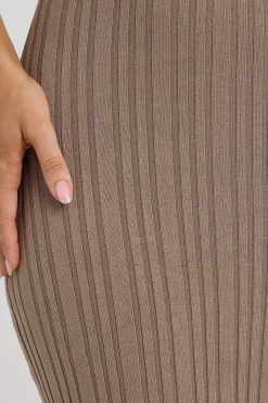 Rib High Neck Open Back Knit Midi Dress Tan