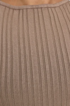 Rib High Neck Open Back Knit Midi Dress Tan