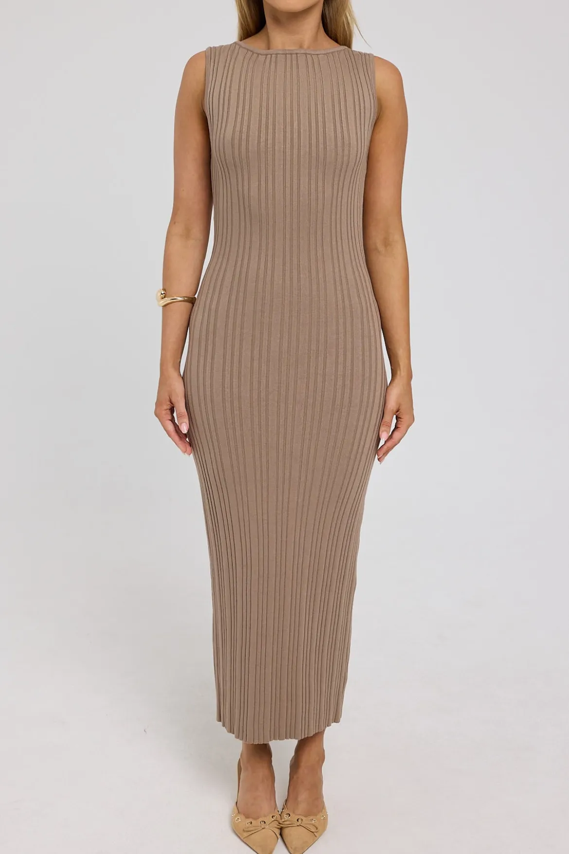 Rib High Neck Open Back Knit Midi Dress Tan