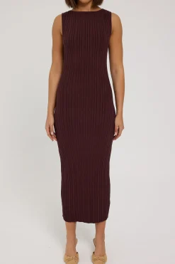 Rib High Neck Open Back Knit Midi Dress Brown