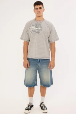 Riddle Me This Stripe Cropped Raglan Tee Stone Grey