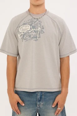 Riddle Me This Stripe Cropped Raglan Tee Stone Grey