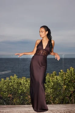 Rietta Lace Halter Maxi Dress Dark Brown