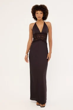 Rietta Lace Halter Maxi Dress Dark Brown