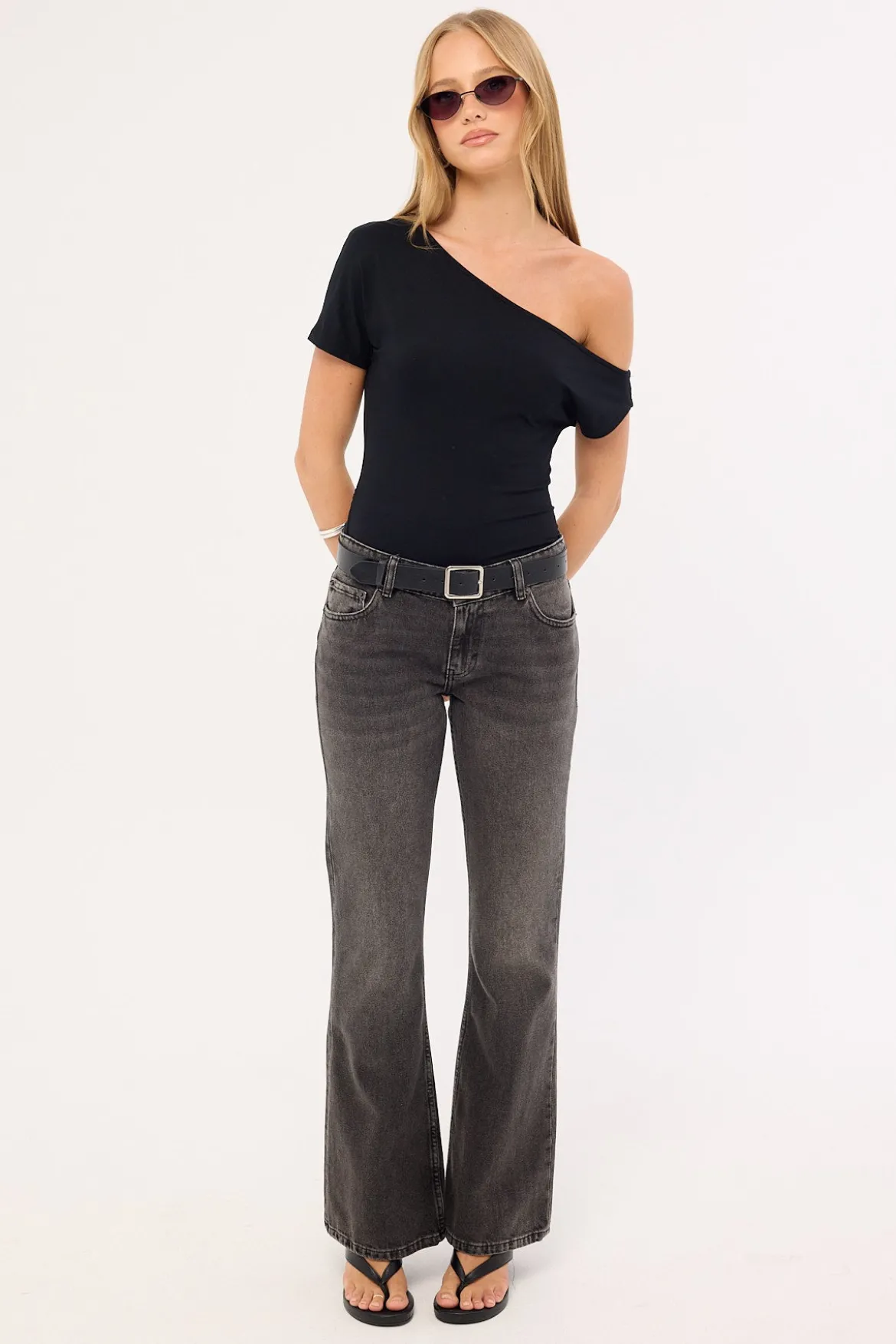 Rigid Low Rise Flare Jeans Washed Black Grey