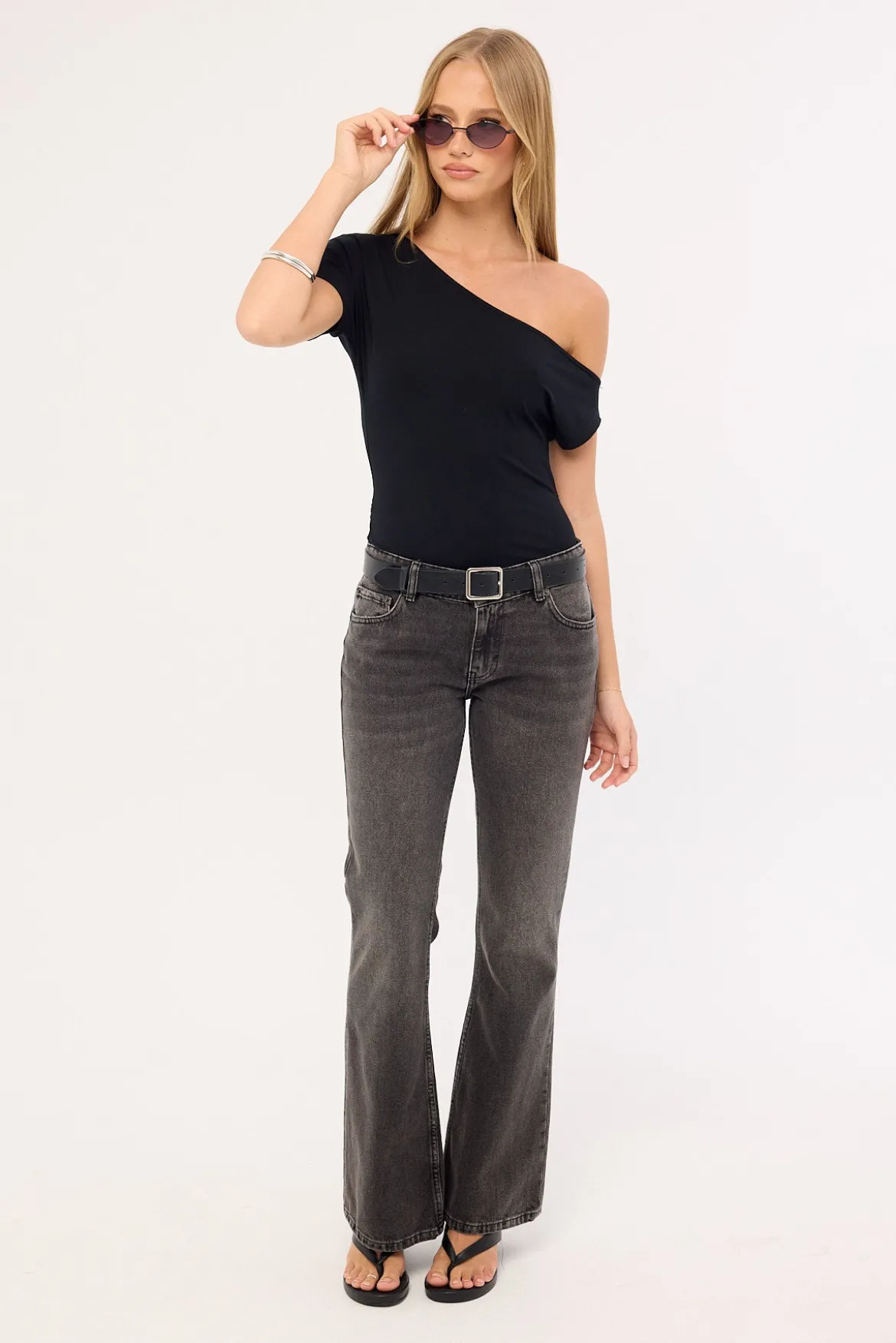 Rigid Low Rise Flare Jeans Washed Black Grey