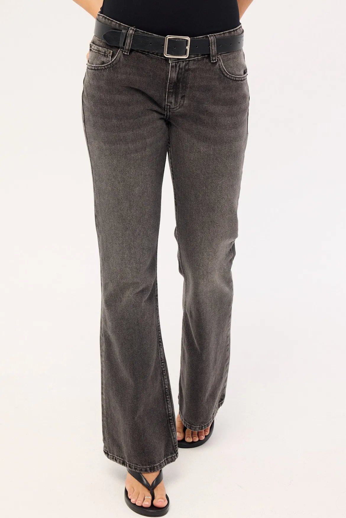Rigid Low Rise Flare Jeans Washed Black Grey