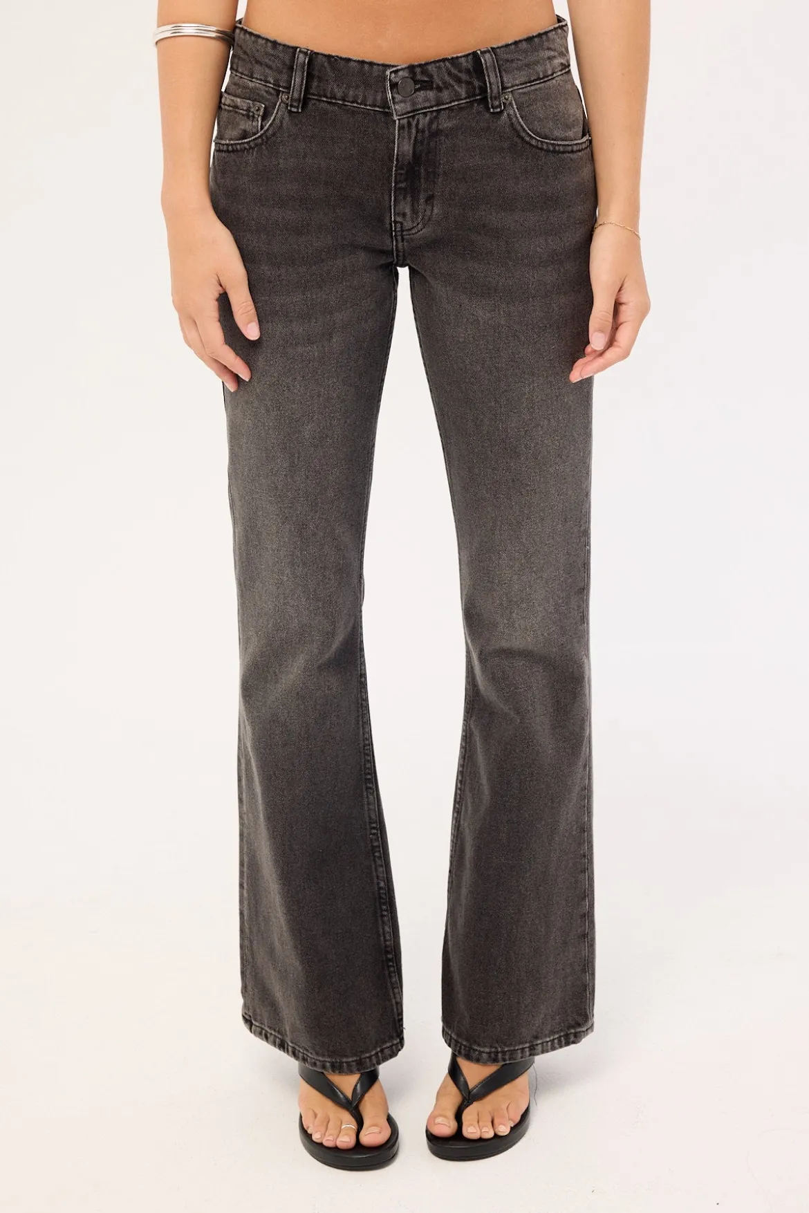 Rigid Low Rise Flare Jeans Washed Black Grey