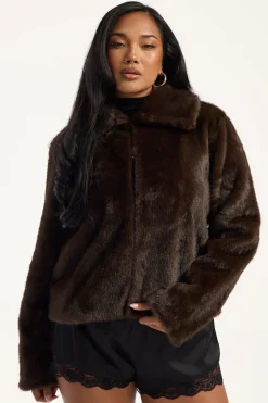 Riley Cropped Faux Fur Jacket Brown
