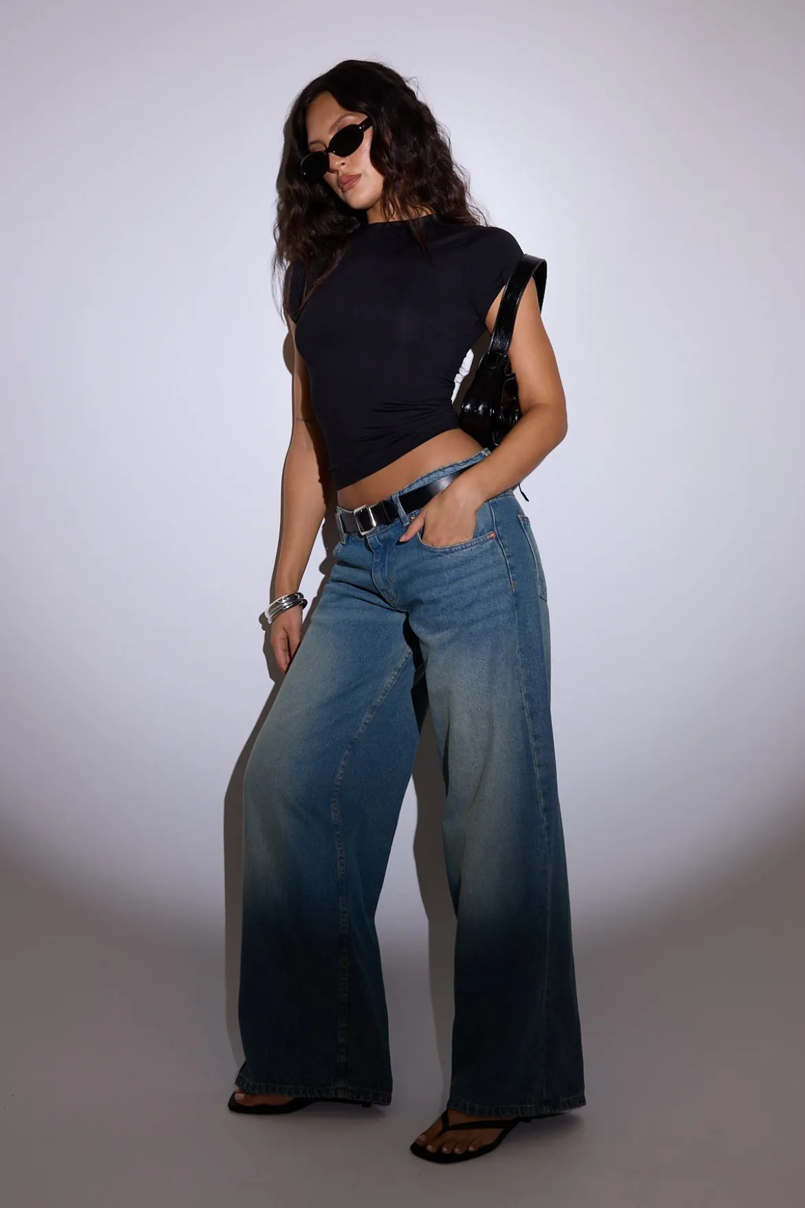 Roomy Extra Wide Low Rise Jean Vintage Blue Green Denim