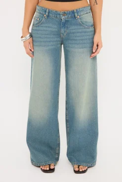 Roomy Extra Wide Low Rise Jean Vintage Blue Green Denim