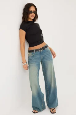 Roomy Extra Wide Low Rise Jean Vintage Blue Green Denim