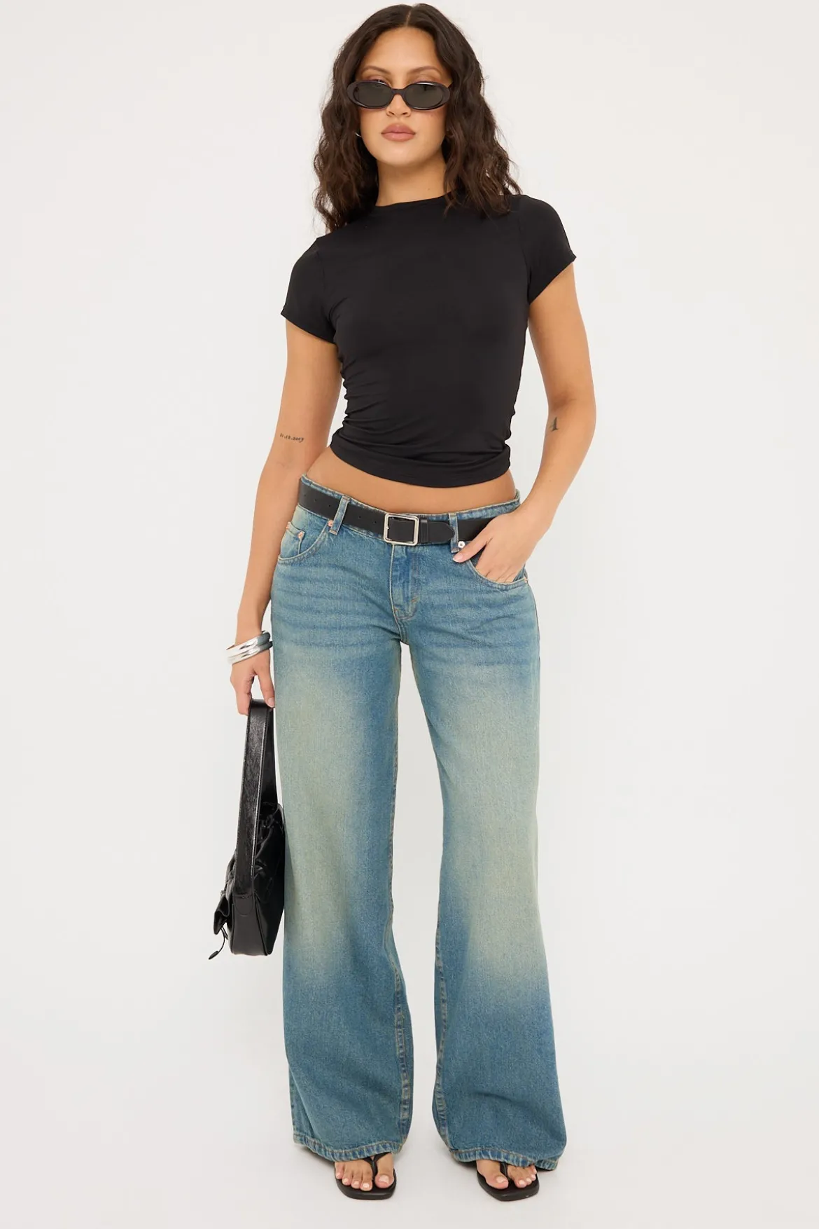 Roomy Extra Wide Low Rise Jean Vintage Blue Green Denim