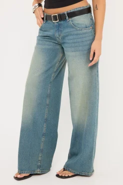 Roomy Extra Wide Low Rise Jean Vintage Blue Green Denim