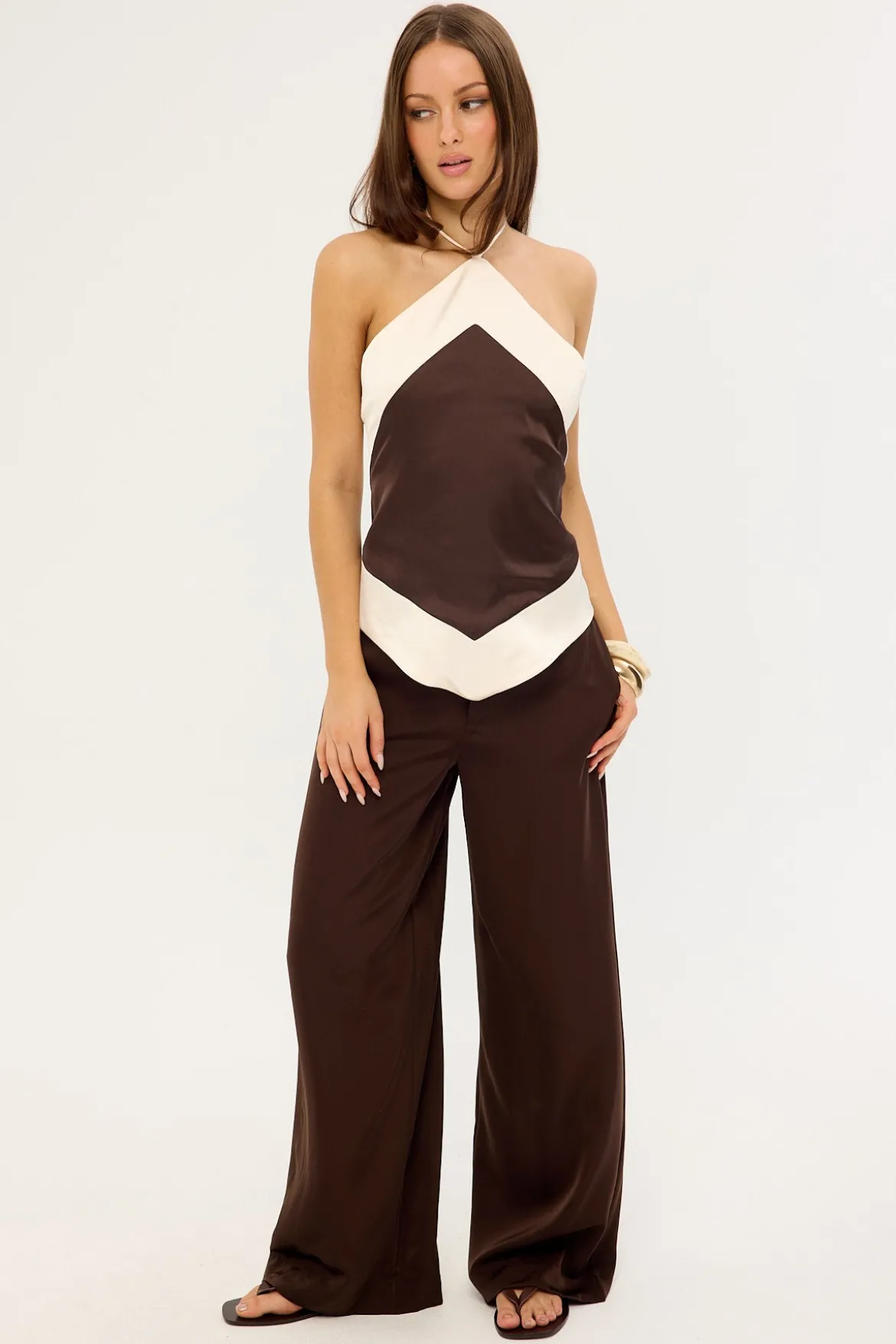 Rosa Satin Halter Tie Top Brown