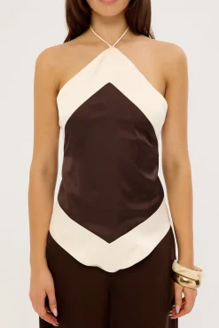 Rosa Satin Halter Tie Top Brown